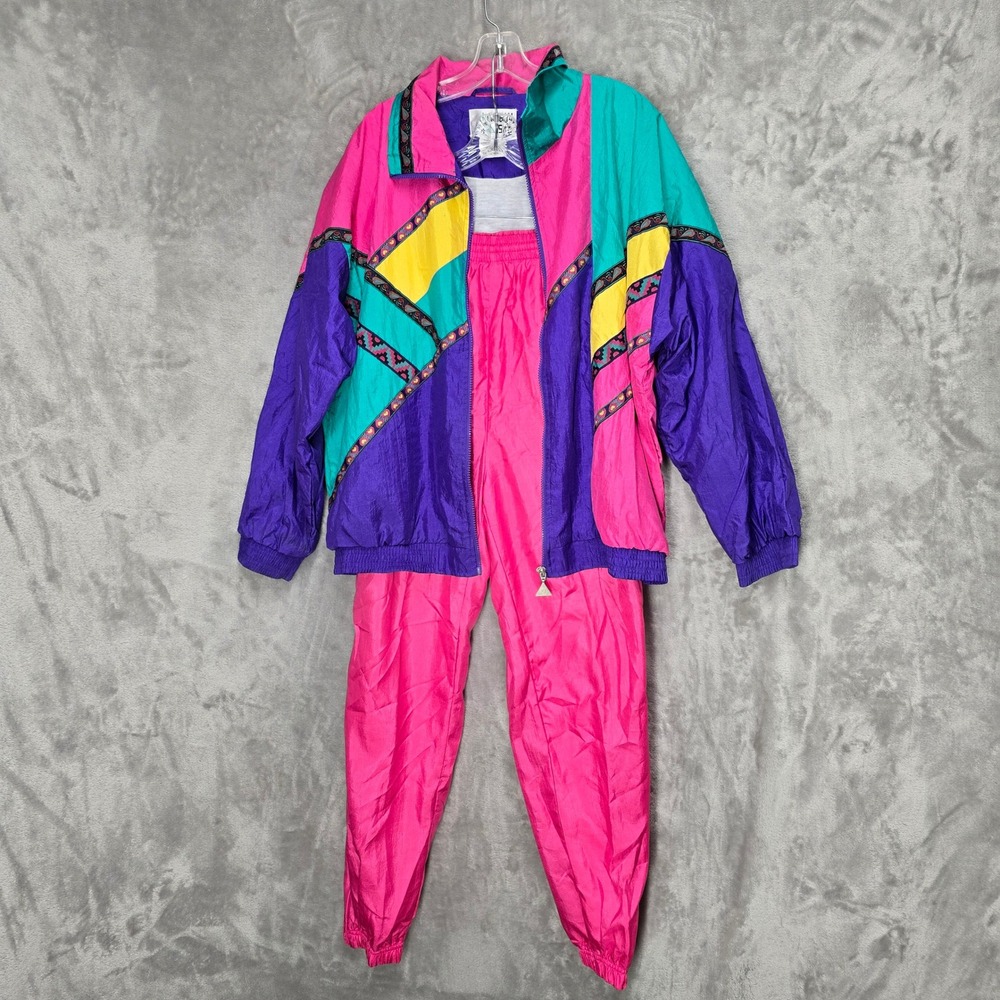 Casual Isle Tracksuit Women L Colorblock Neon Vintage Rave Retro Windbreaker Set